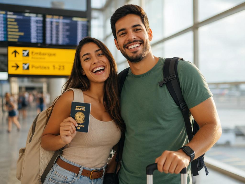 Casal feliz viajando no aeroporto com passaporte e malas